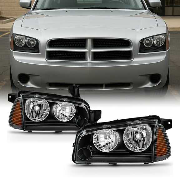 AKKON - For 2006-2010 Dodge Charger Black Headlights Amber Corner Signal Lights (Left and Right) Raeplacement