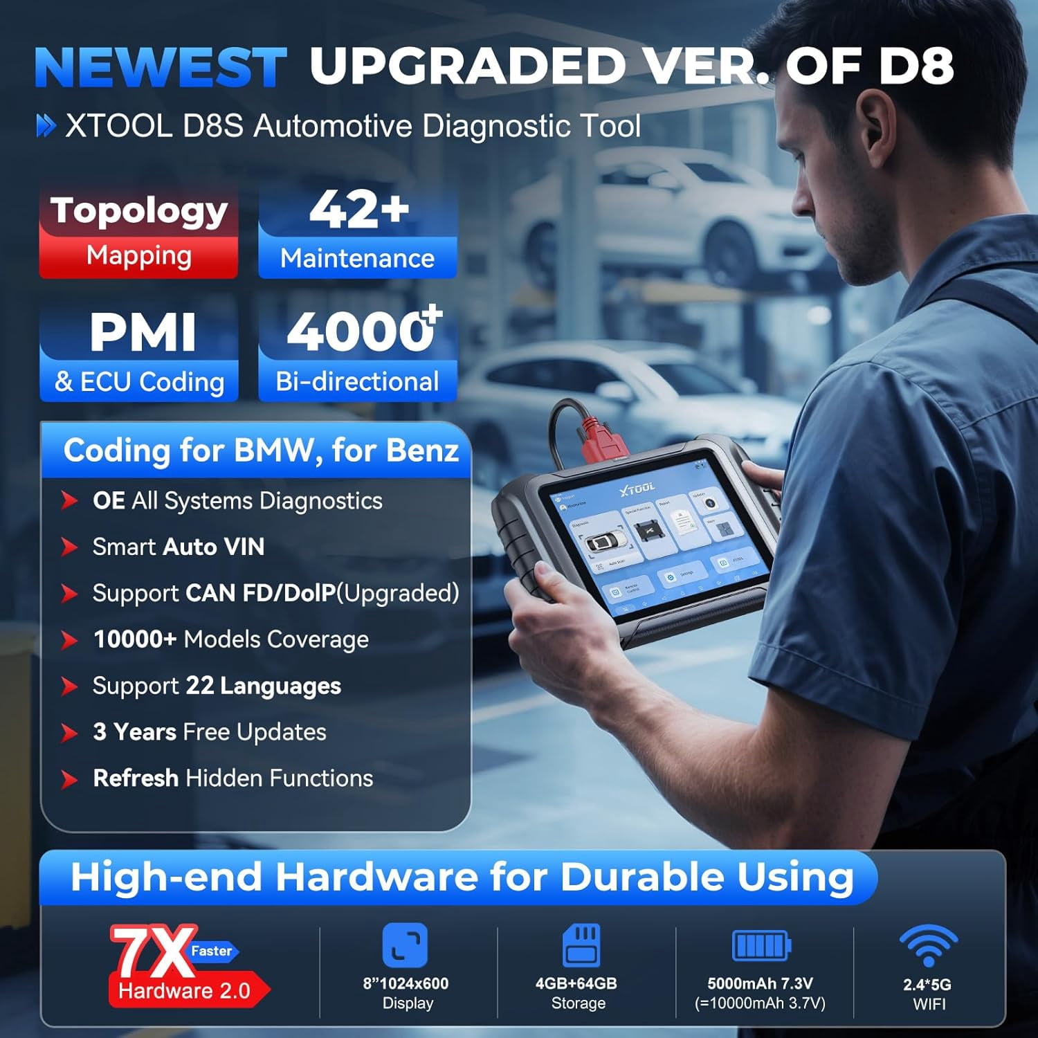 XTOOL D8S V2.0 Bidirectional Scan Tool AI-Assisted OBD2 Scanner with Topology Mapping, ECU Cod-ing, Upgraded Ver. of D8, 3 Years Free Updates