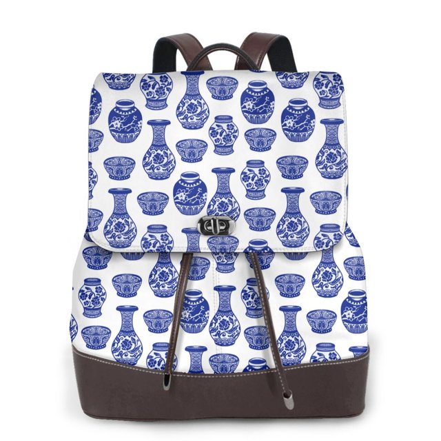 Balery Blue Vases Mochila de Cuero para Mujeres, Gran Capacidad, Bolsa de Viaje Multifuncional, Mochila de Cuero y Bolsa de Hombro para Mujeres