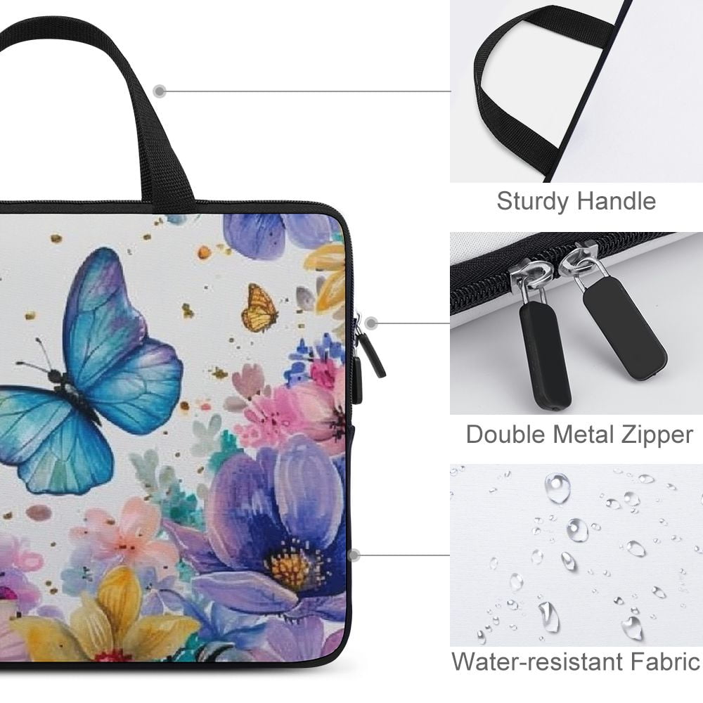 JRXY Flowers Butterflies Blue Butterfly Laptop Handle Bag Diving Fabric Computer Protect Case 13inch