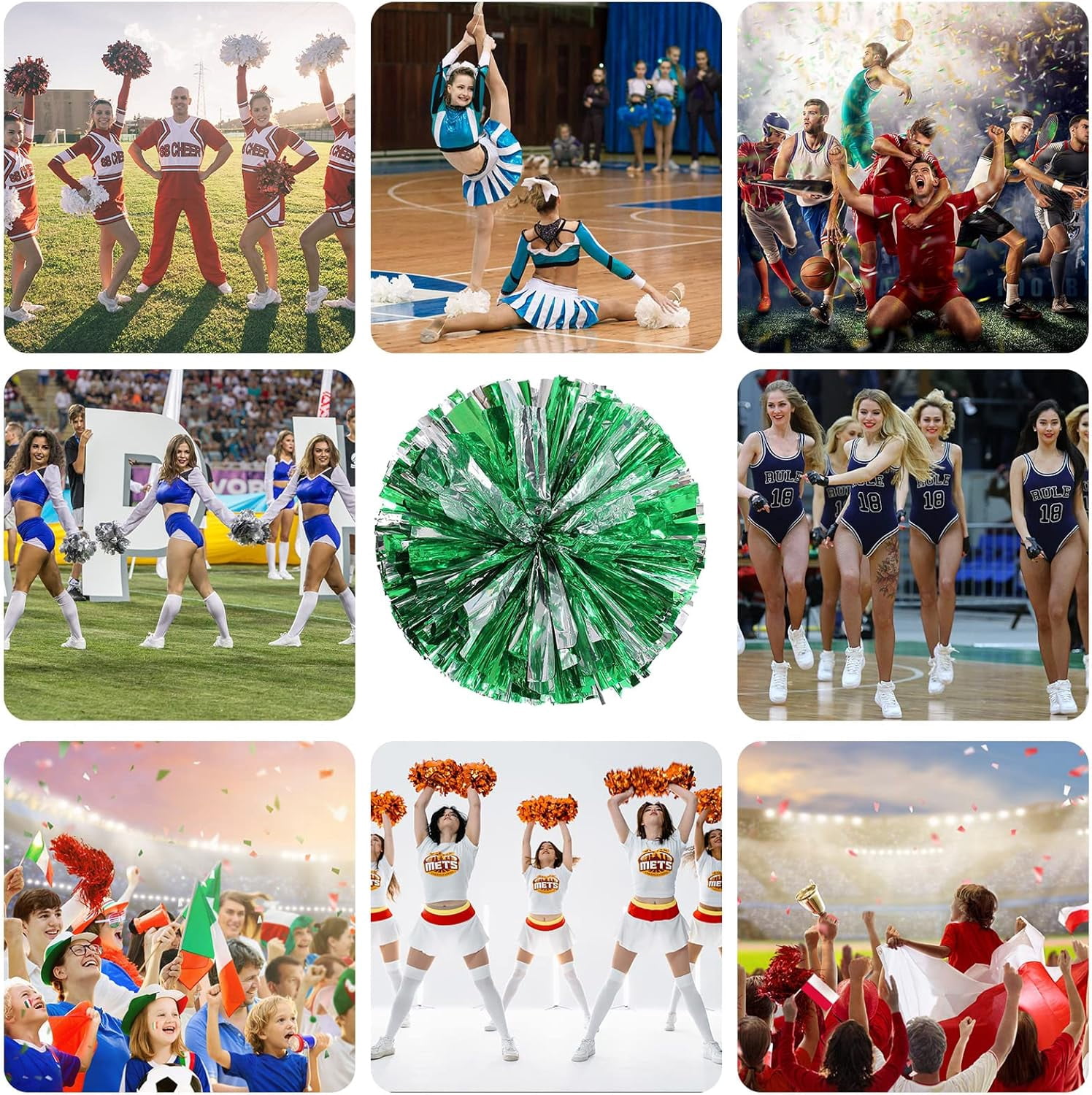 Cheer pom pom, 8 PCS Cheerleading Pom Poms, Premium Metallic Pom Poms Set Cheering Hand Flowers Handle Dance Pom Poms Cheering Squad Pompoms for Football Basketball Cheers