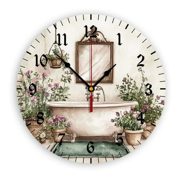 YladaFaie Watercolor Vintage Bathtub Silent Wall Clocks for Living Room Kitchen Decor Bathroom Farmhouse Cabin Non Ticking Decorative Clock 10-Inch Round Clocks