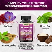 Parrox Saffron Supplement with Glucomannan, Ashwagandha, Green Tea Extract, Zeaxanthin & Lutein, Vision Support & Daily Wellness Formula, Extra Strength Plant-Based Capsules, 6 Month Supply (3 Pack)