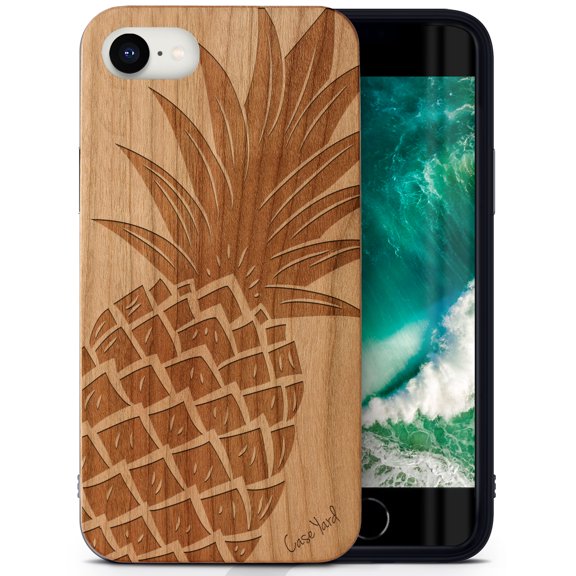 Case Yard Wooden Case Outside Soft TPU Silicone, Slim Fit Shockproof Wood Protective Phone Cover for Girls Boys Men and Women, Supports Wireless Charging Pineapple Design case for iPhone-SE