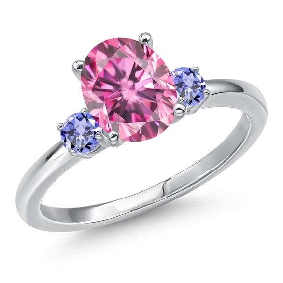 Gem Stone King 14K White Gold Pink Moissanite and Blue Tanzanite Engagement Ring for Women | 2.30 Cttw | Oval 9X7MM | Gemstone Birthstone | Size 6