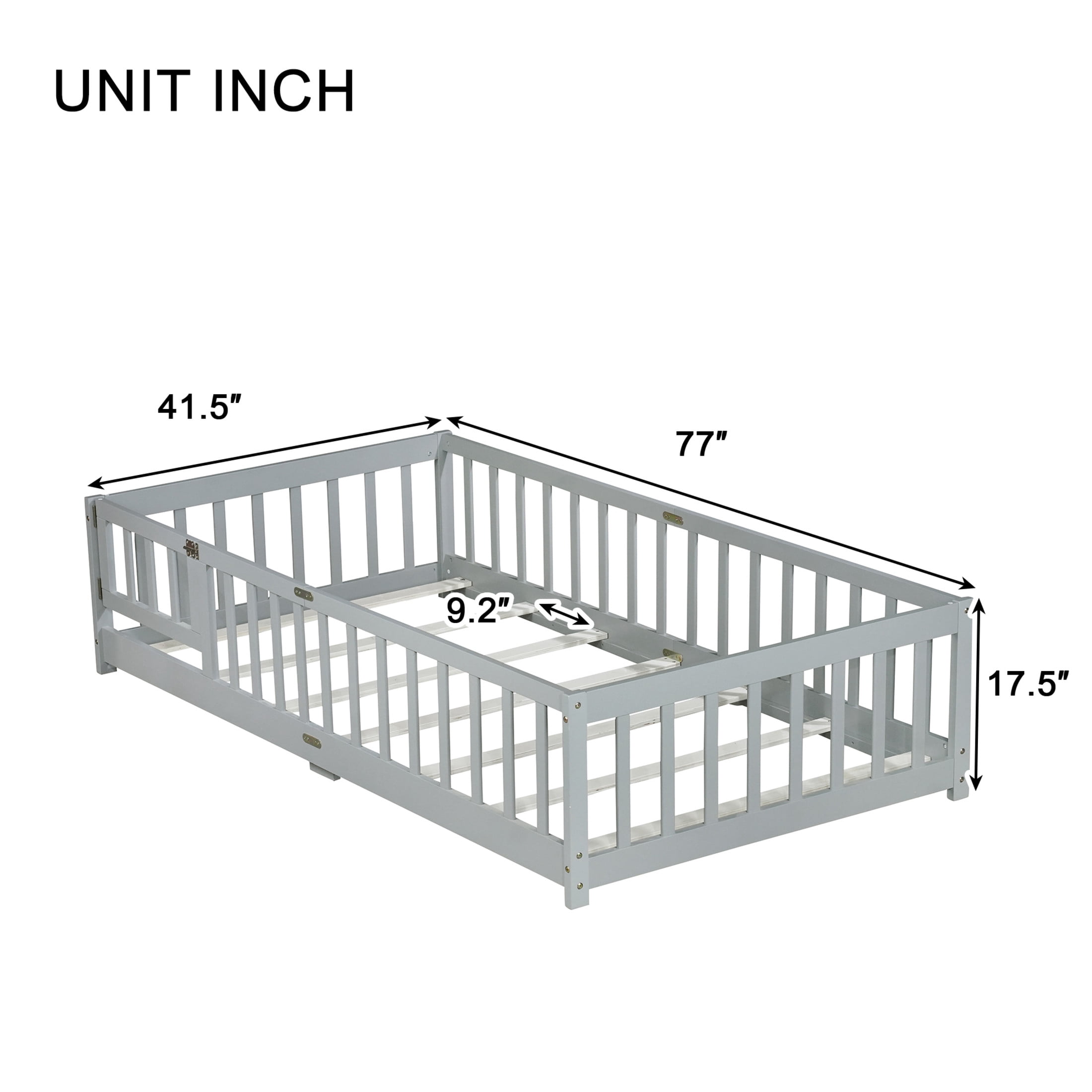 Noble House Twin Floor Bed with Safety Guardrails and Door, Rubber Wood Montessori Bed, Kid's Room, Gray