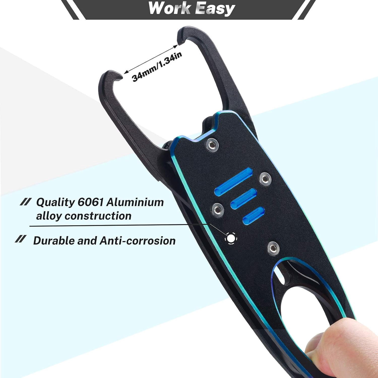 ABCISI Fish Lip Gripper With Scale, 2 in 1 Aluminum Alloy Grabber with High Elastic Hand Rope, Ergonomically Design Professional Fishing Tool Kit for Men, Blue
