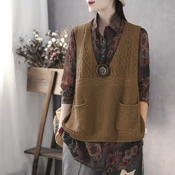 Loose Vest Plus Size Ethnic Retro Style Pocket V Neck Knitted Vest Women's Spring And Autumn 2024 Knit Sweater Women Mens Sweater Vest with Buttons Split Neck Sweater Christmas Sweater Vest Women