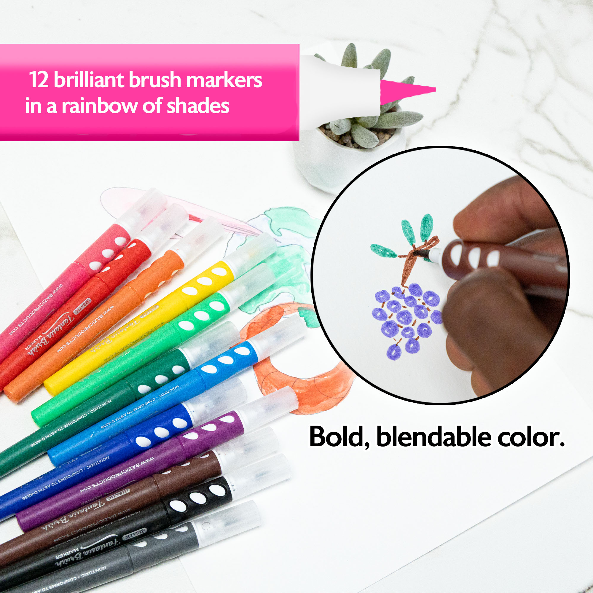 BAZIC Brush Markers 12 Classic Colors, Fine Line Washable Coloring Marker (12/Pack), 72-Packs