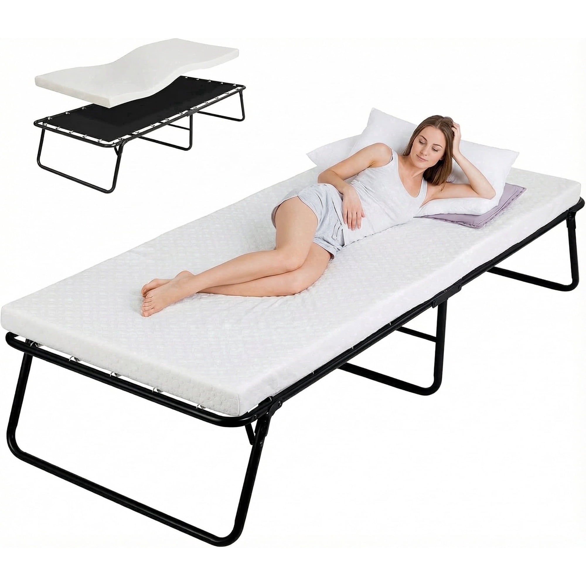 LIFERUN Folding Bed with Memory Foam Mattress for Adults,Portable Bed with Metal Frame, for Bedroom,Office,Camp,No Assembly Required,(75" x 31"x14")