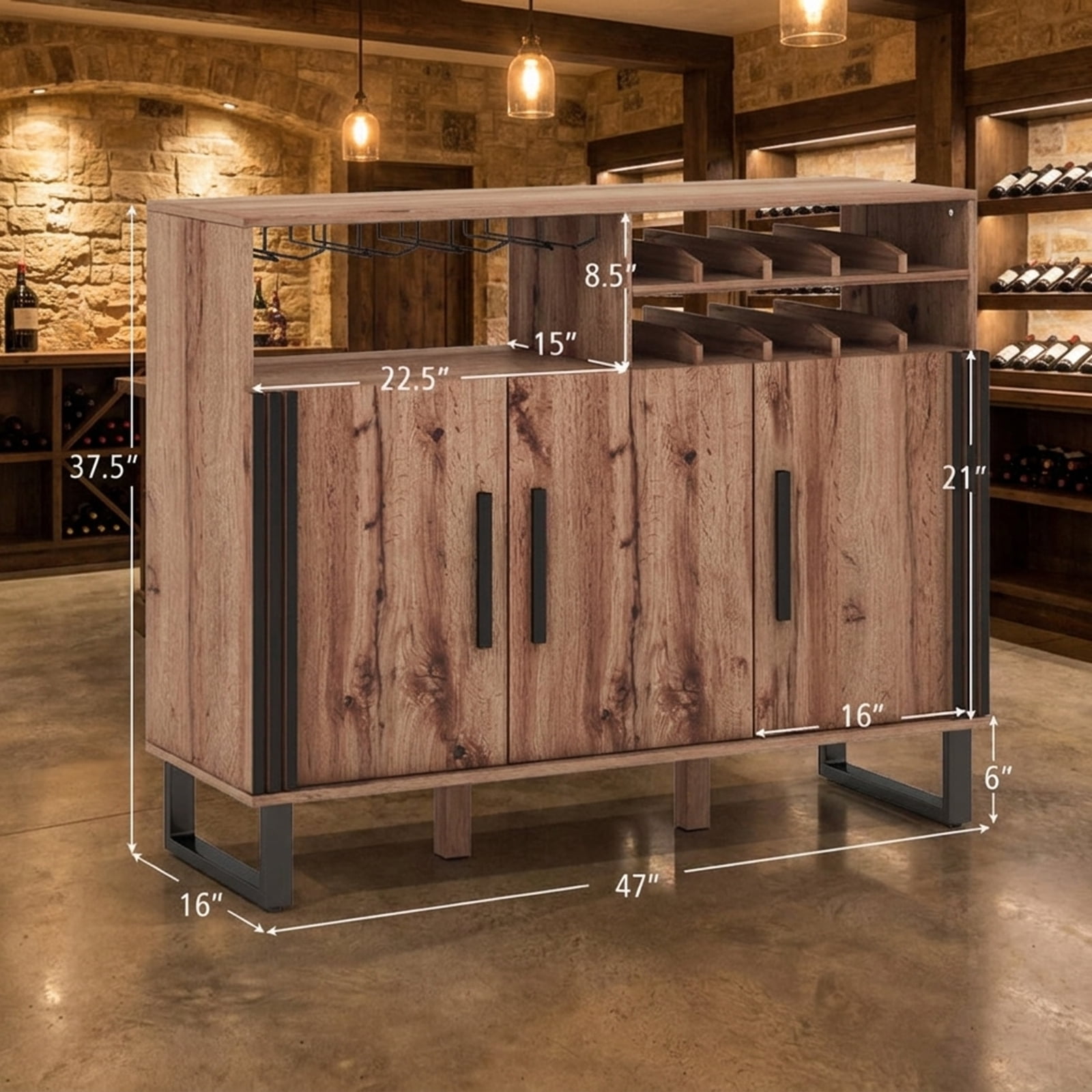 Furnibear 47" Wine Bar Cabinet with Wine Rack and Storage with Adjustable Shelves for Kitchen Pantry - Brown