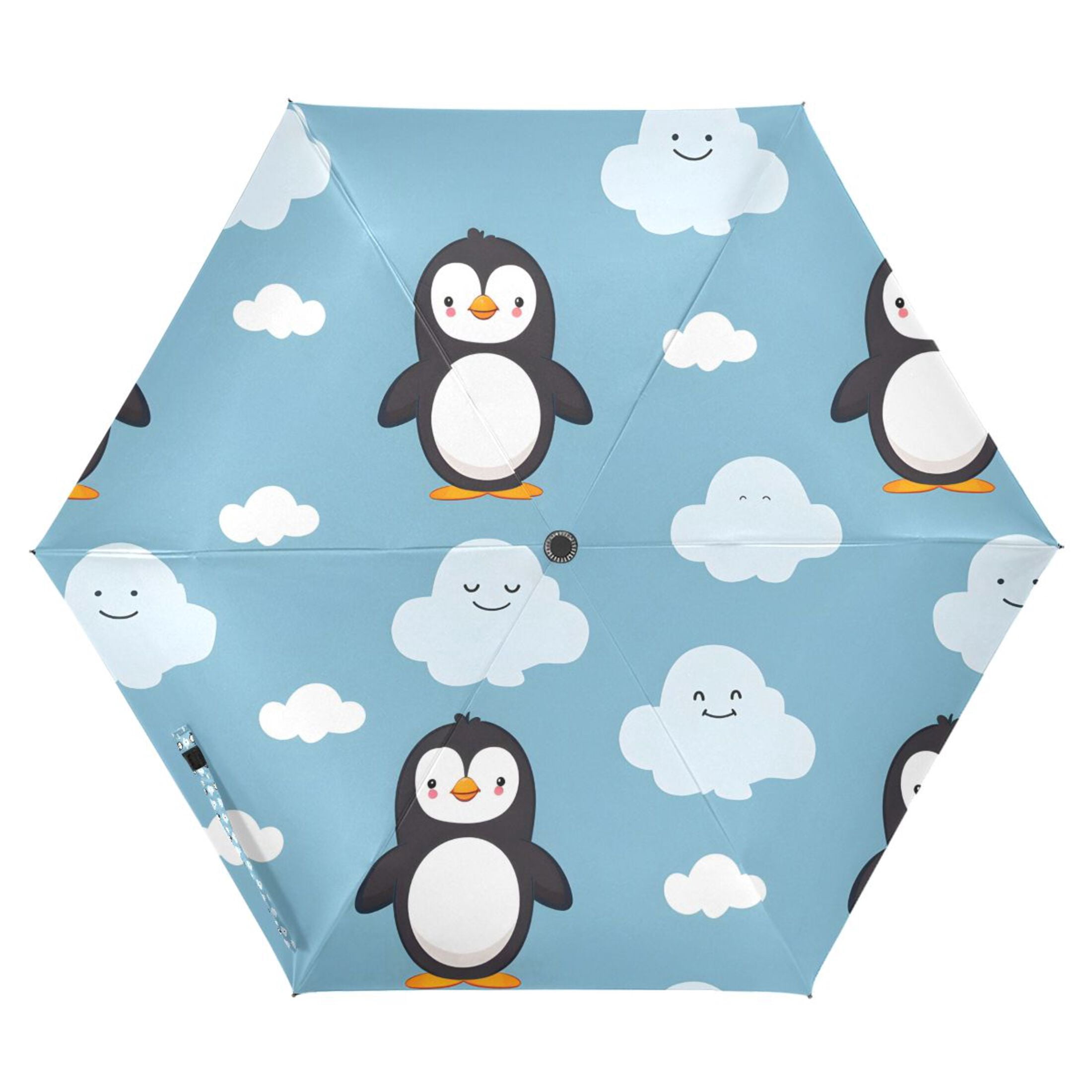 Cartoon Penguins and Cloud Compact Sun Umbrella Windproof Travel Umbrellas for Rain Strong Portable UV Protection