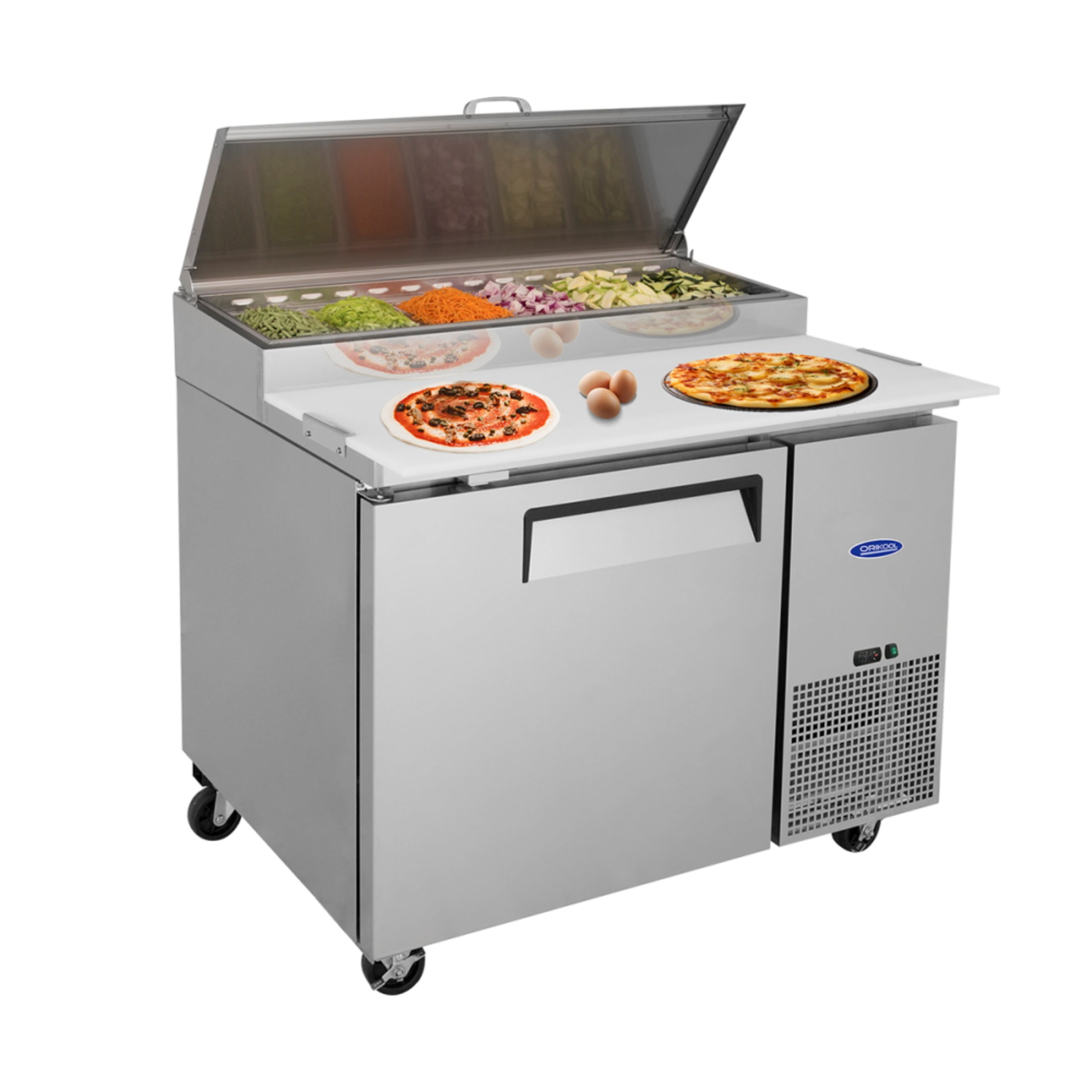 Orikool 44 IN Commercial Pizza Prep Table with a Built-in Refrigerator 11 Cu.Ft, Butcher Block Cutting Board, Protection Lid, Cold Storage, and Smooth-Rolling Casters, ETL Certified (LTL carry)