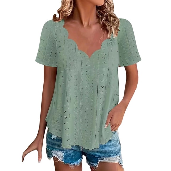 T Shirts For Women Womens Tops Casual Solid Color Scallops V Neck Tops Comfortable Breathable Short Sleeved V Neck T Shirt