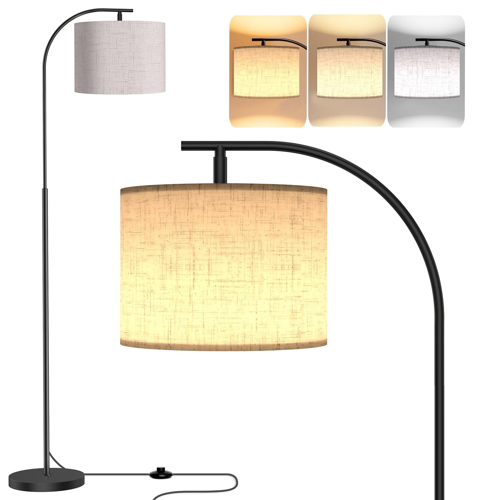 Beige Linen Shade Arc Dimmable Tall Standing Floor Lamp For Reading Living Room Bedroom Office