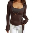 thumbnail image 2 of Women Wrap Yoga Shirts Long Sleeve Deep V Neck Tie Front Workout T Shirts Casual Slim Fit Sports Active Tops Coffee M, 2 of 6