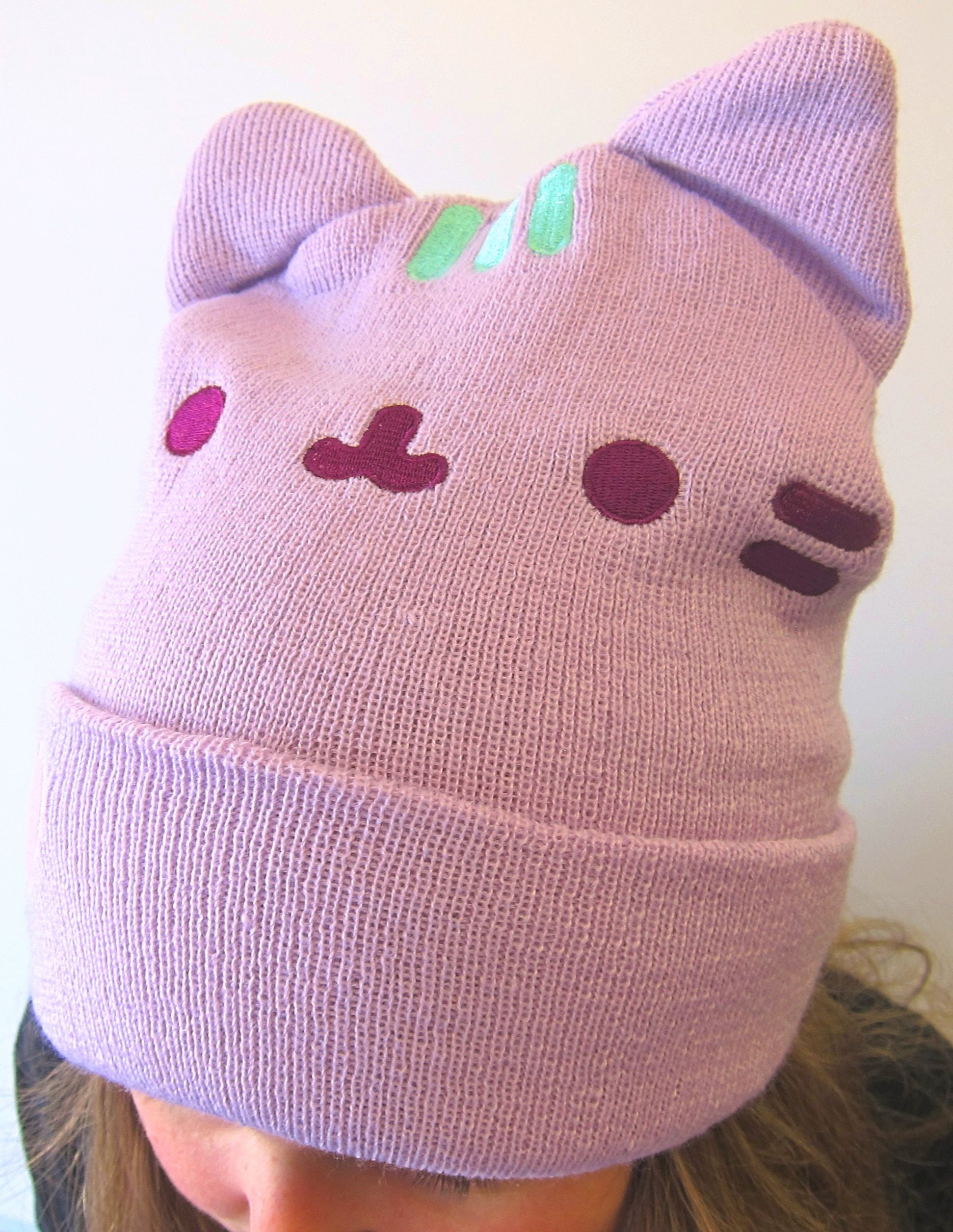 Pusheen Cuffed Beanie With Ears Purple Pastel With Heart 
