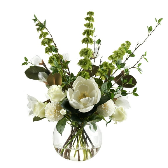 D&W Silks Bells of Ireland, Magnolias, and Assorted Flowers in Glass Bowl