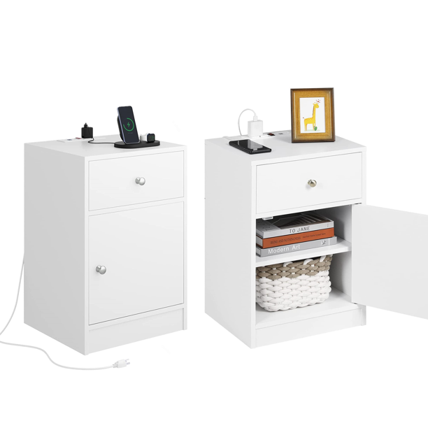 White Nightstands Set of 2 with Charging Station,Small Nightstand with