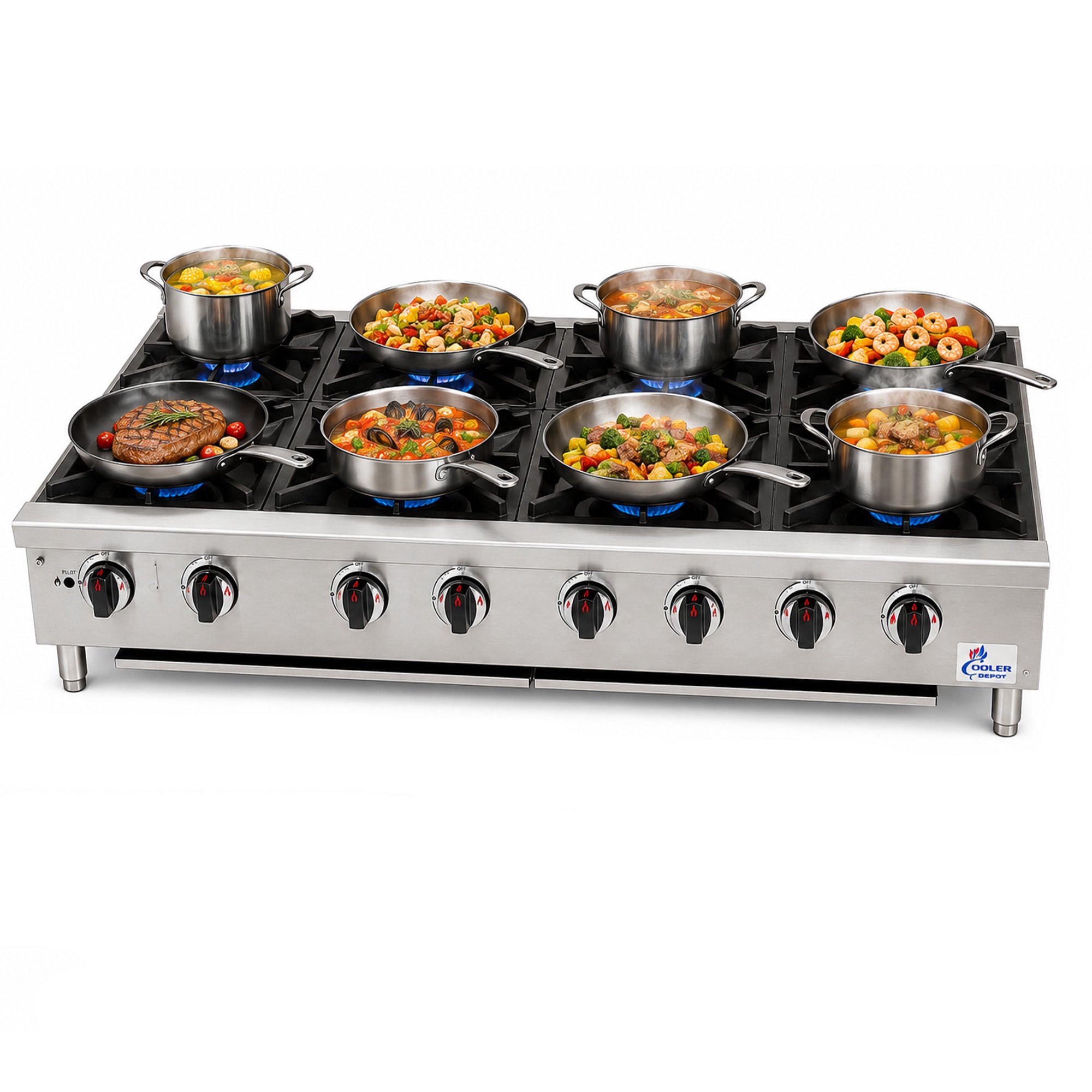 Cooler Depot NSF 48-Inch Heavy-Duty Commercial 8-Burner Gas Countertop Hot Plate with Cast Iron Burners, Stainless Steel Exterior & LP Conversion Kit
