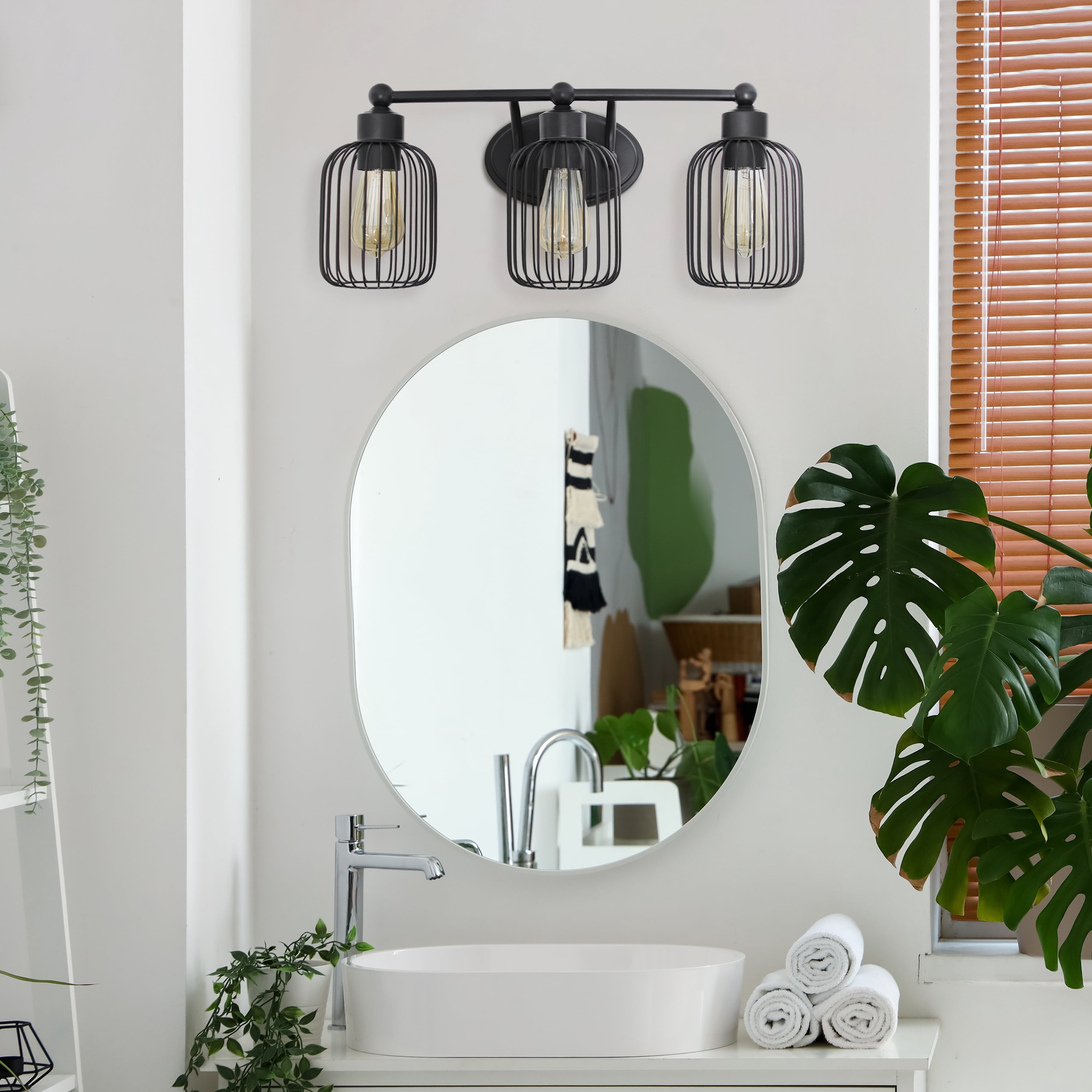 Elegant Designs 22" Industrial Farmhouse 3 Light Metal Birdcage Decorative Wall Mounted Vanity Fixture with Matching Metal Oval Backplate For Bathroom, Entryway, Hallway, Vanity, Black