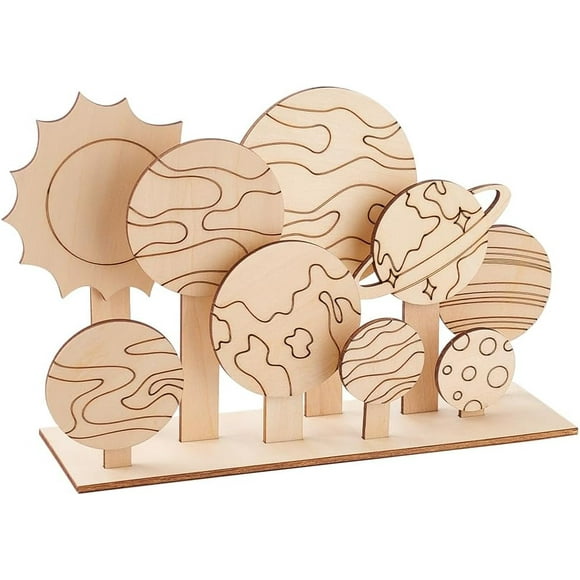 1 Set/19pcs Planet Themed Wooden Craft Kits Outer Space Unfinished Wood Crafts 3D Planet Wood Crafts Paintable Unfinished Wooden Slices for DIY Wood Crafts Projects Painting Decorations