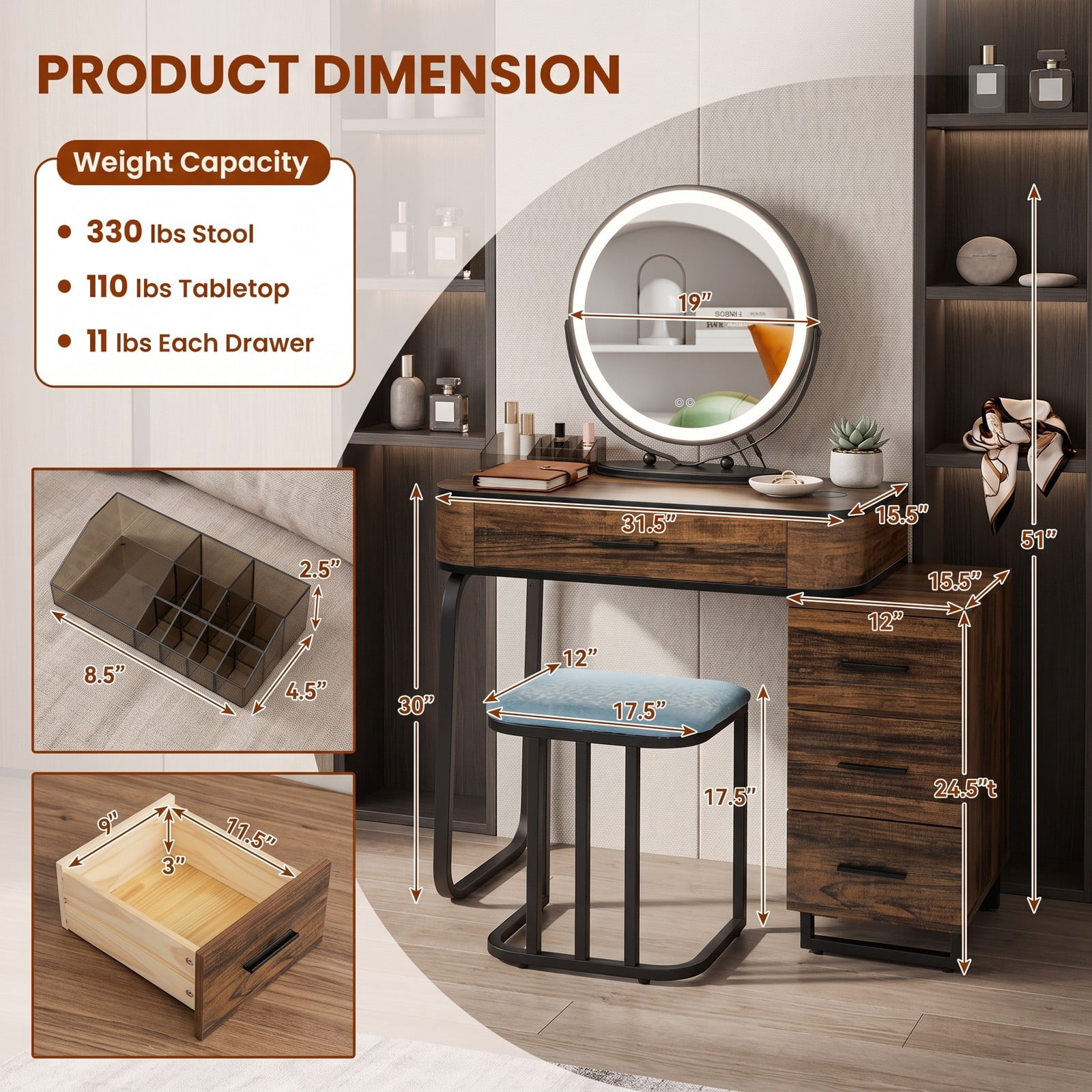 Furnibear Vanity Table Set with Lighted Mirror and Wireless Charging Station and 3 Drawer Chest and Cushioned Stool, Brown
