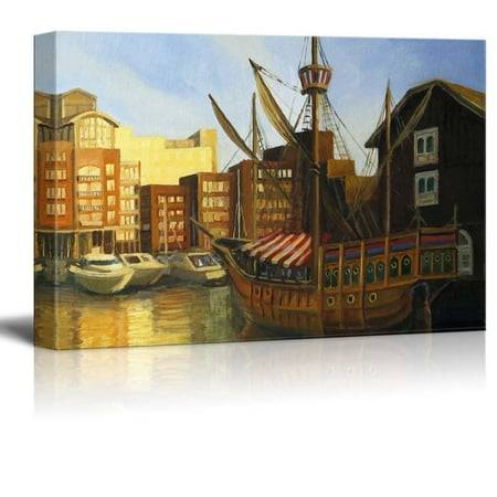 Sunset Dock - Canvas Prints Wall Art - A Late Afternoon Sunset View at the Famous St Katharine Docks in London near Thames River in Oil Painting Style | Modern Wall Decor/Home Decor - 16