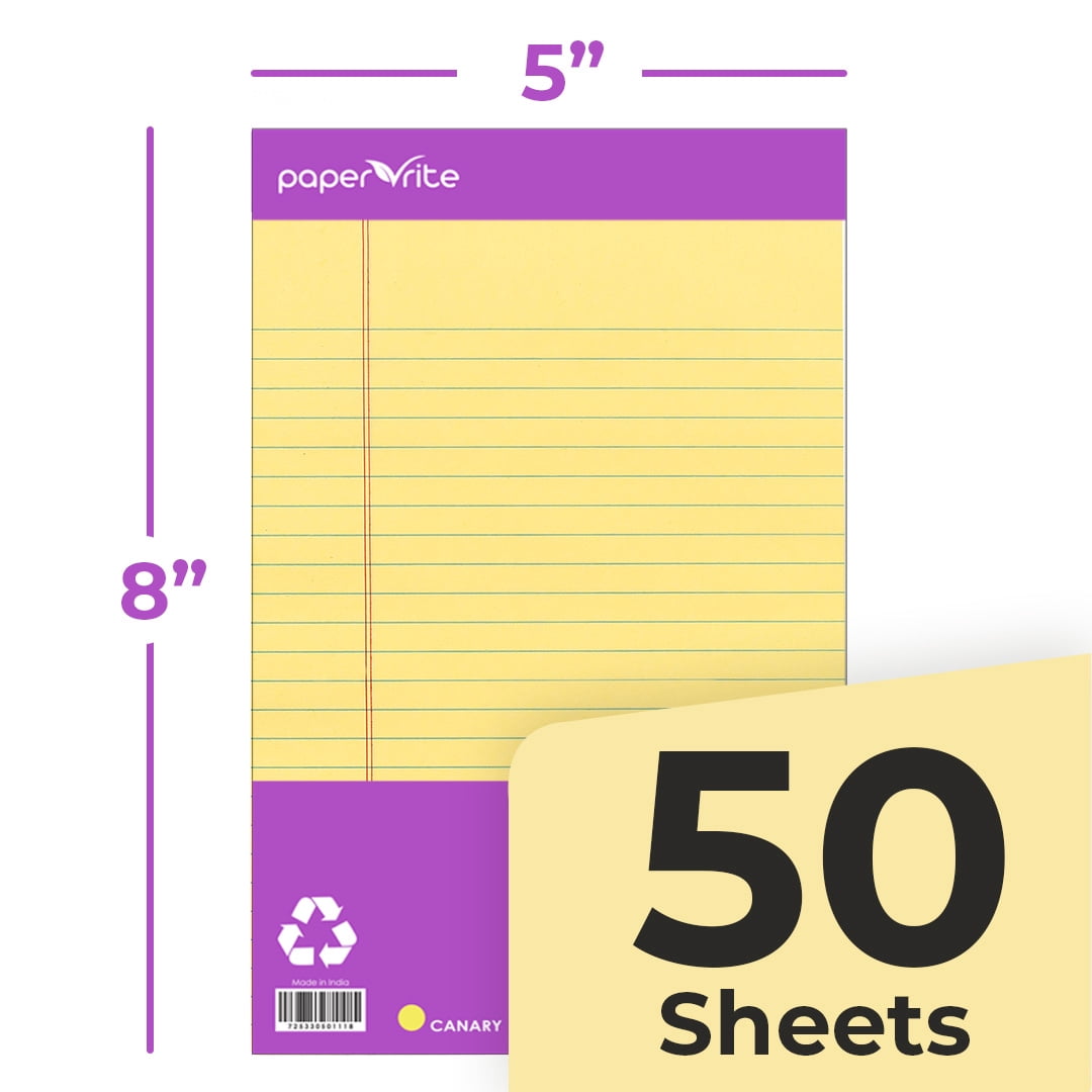 Paperrite Canary Yellow Writing Pads, 50 Sheets, 5 x 8 in, Premium Lined Paper (36)