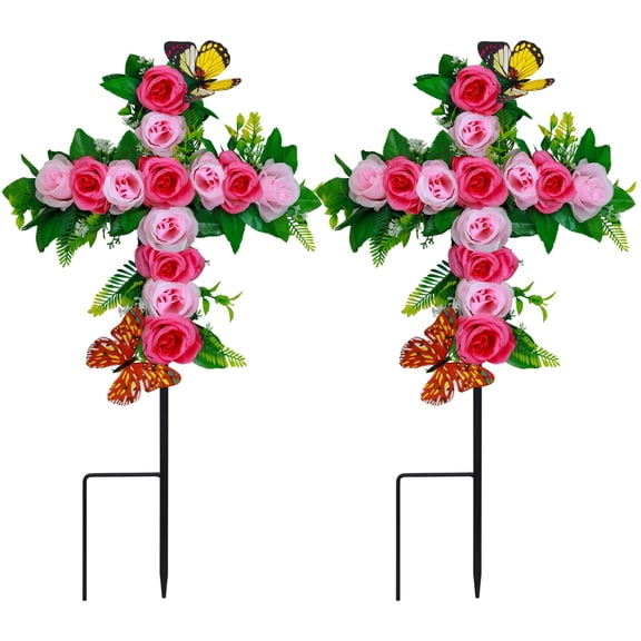 Lodou 2 Sets Artificial Cemetery Flowers,Outdoor Grave Decorations Roses,Grave Flowers,Graveyard Cross Stake for Grave Decoration (2, Red Rose) C108