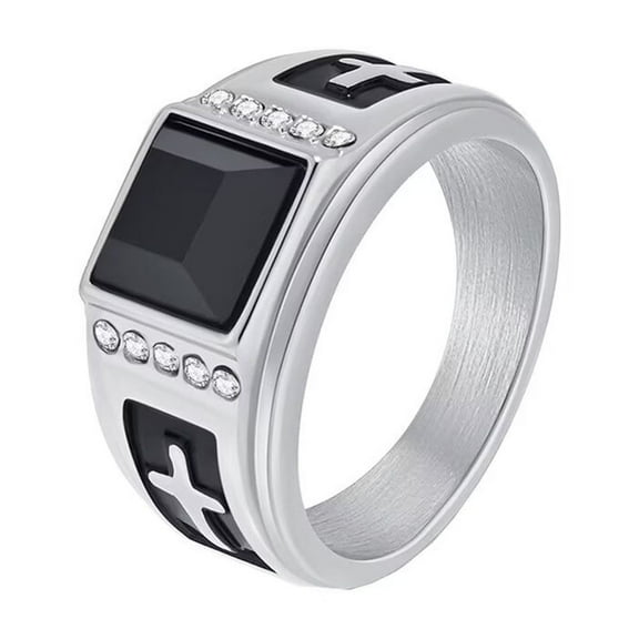 HIJONES Men's Stainless Steel Black Square Gemstone Silver Zirconia Signet Ring Cross 12MM Band Silver Black Size 7