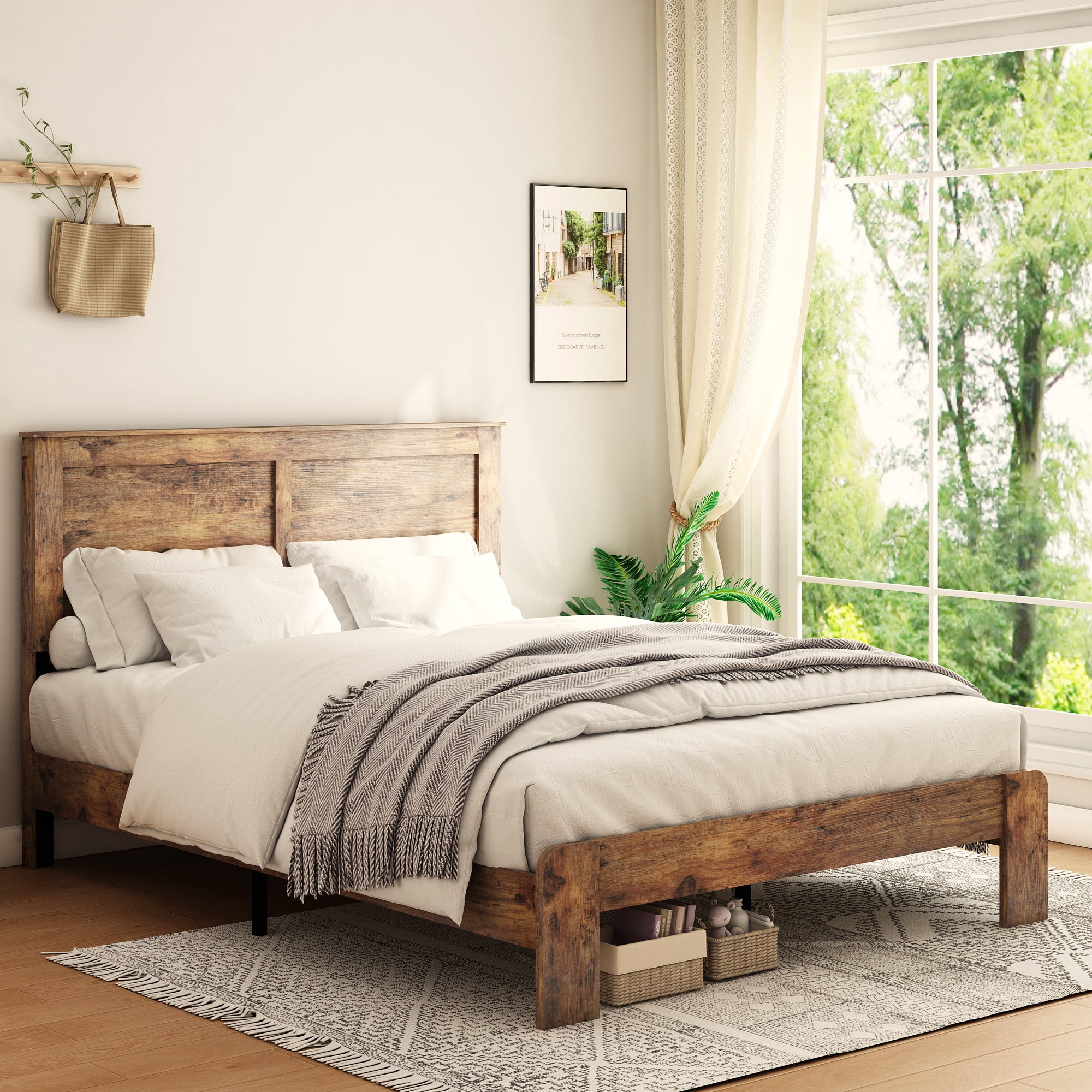 Gewnee King Size Wood & Metal Platform Bed Frame, Under Bed Storage, No Box Spring Required for Bedroom, Dark Brown