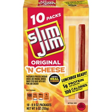 Slim Jim Beef 'N Cheese Smoked BSL1 Meat Sticks, Original Flavor, 5g Protein Per Serving, Snack Size, 0.9 oz. (10 Count)