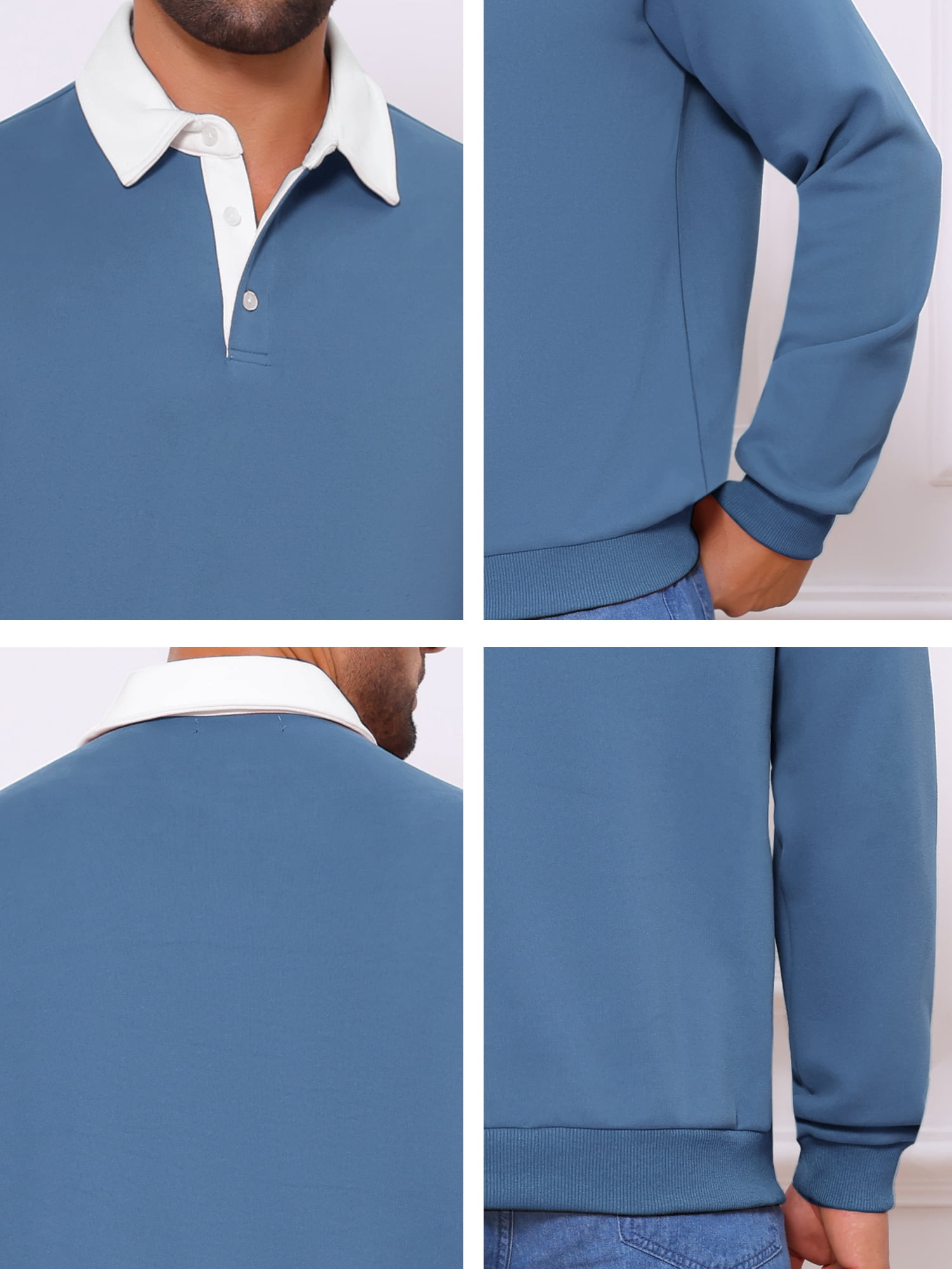 DARING DIVA Men's Contrast Collared Long Sleeves Pullover Polo Sweatshirt XL Blue