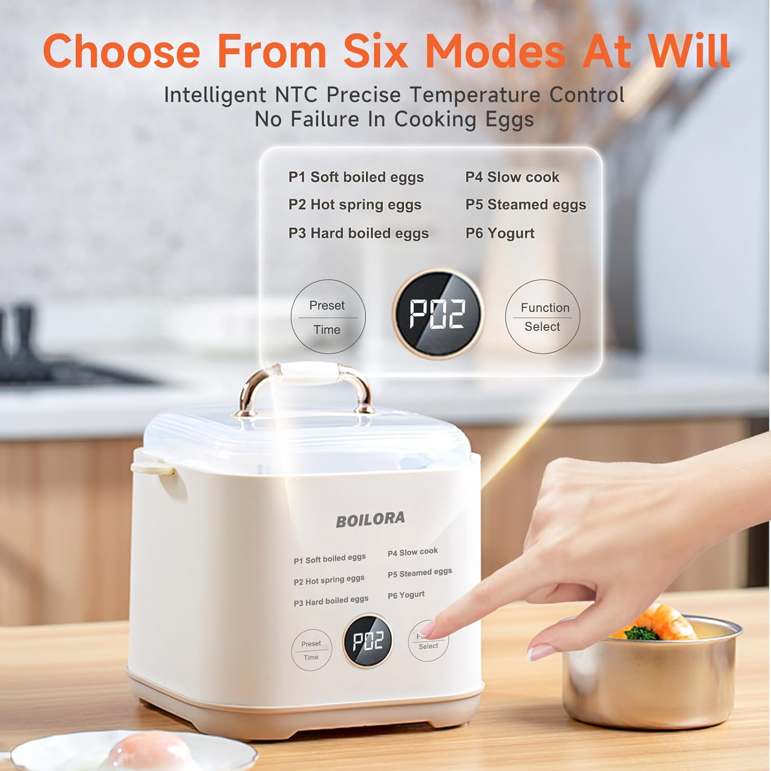 BOILORA Smart Egg Cooker for Soft Medium Hard Boiled Eggs with 24-Hour Delay Timer and Auto Shut-Off Stainless Steel Rack BPA-Free