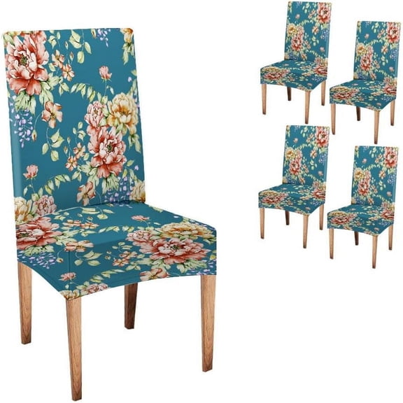 Floral Redand Yellow On A Turquoise Color Dining Chair Covers Set of 4,Stretch Parsons Chair Slipcovers Universal Removable Washable Chair Seat Covers Protector for Dining Room,Kitchen