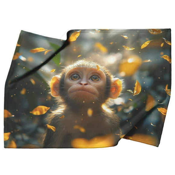 Cute Little Monkey Autumn Leaves Cozy Fleece Sherpa Blanket Peaceful Optimism ("50x60", Fleece)