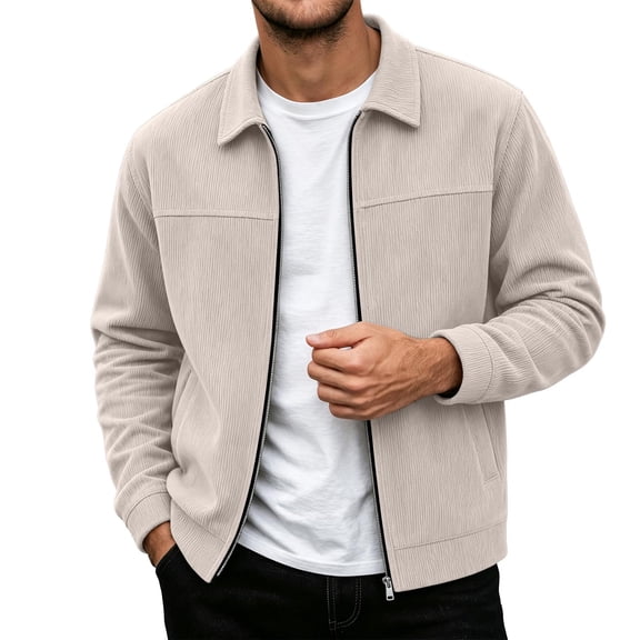 hoksml Men s Solid Corduroy Collared Zip Up Jacket Long Sleeve Casual Outerwear for Fall Winter Daily Work Comfort