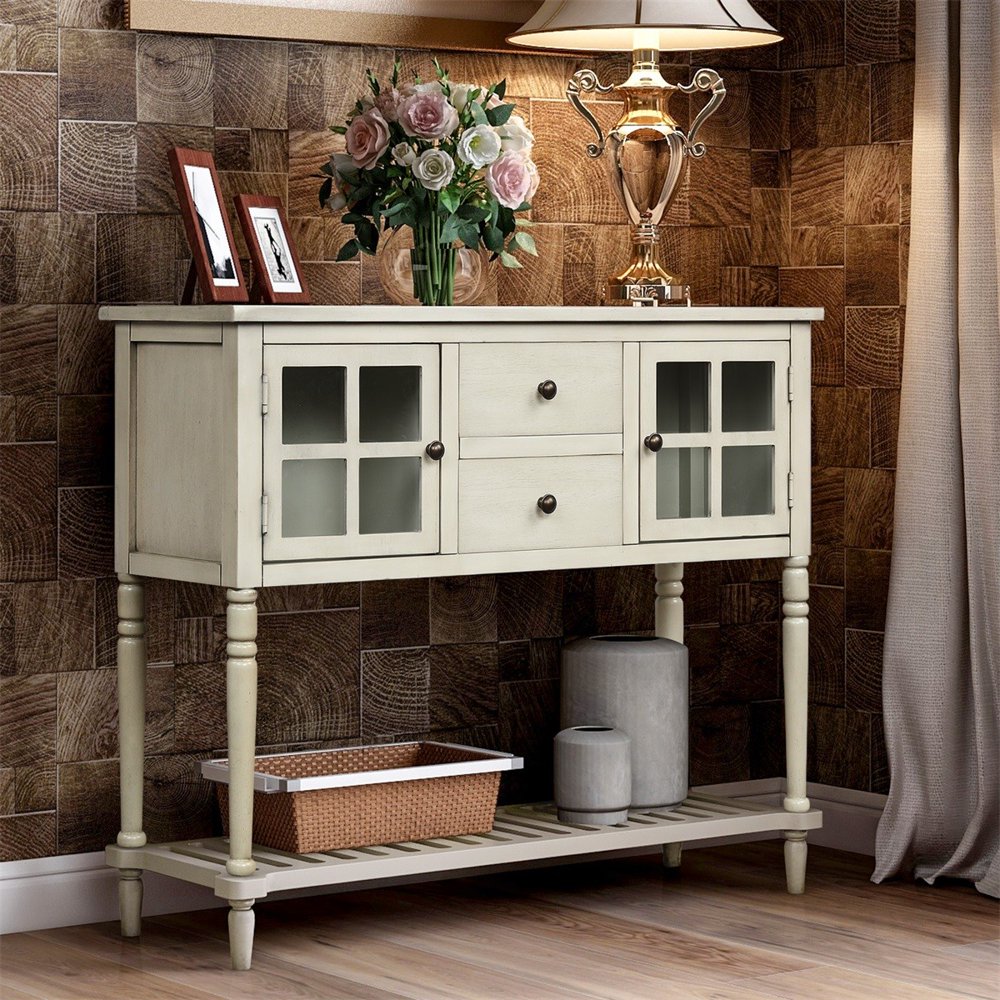 SENTERN Farmhouse Console Table with Glass Buffet Storage and
