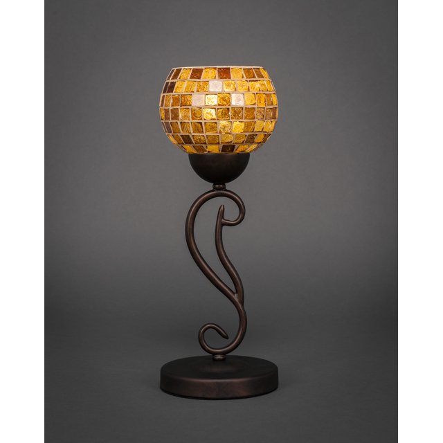 Lámpara de mesa Olde Iron Mini mostrada en acabado bronce con 6 mosaicos de vidrio de cobre