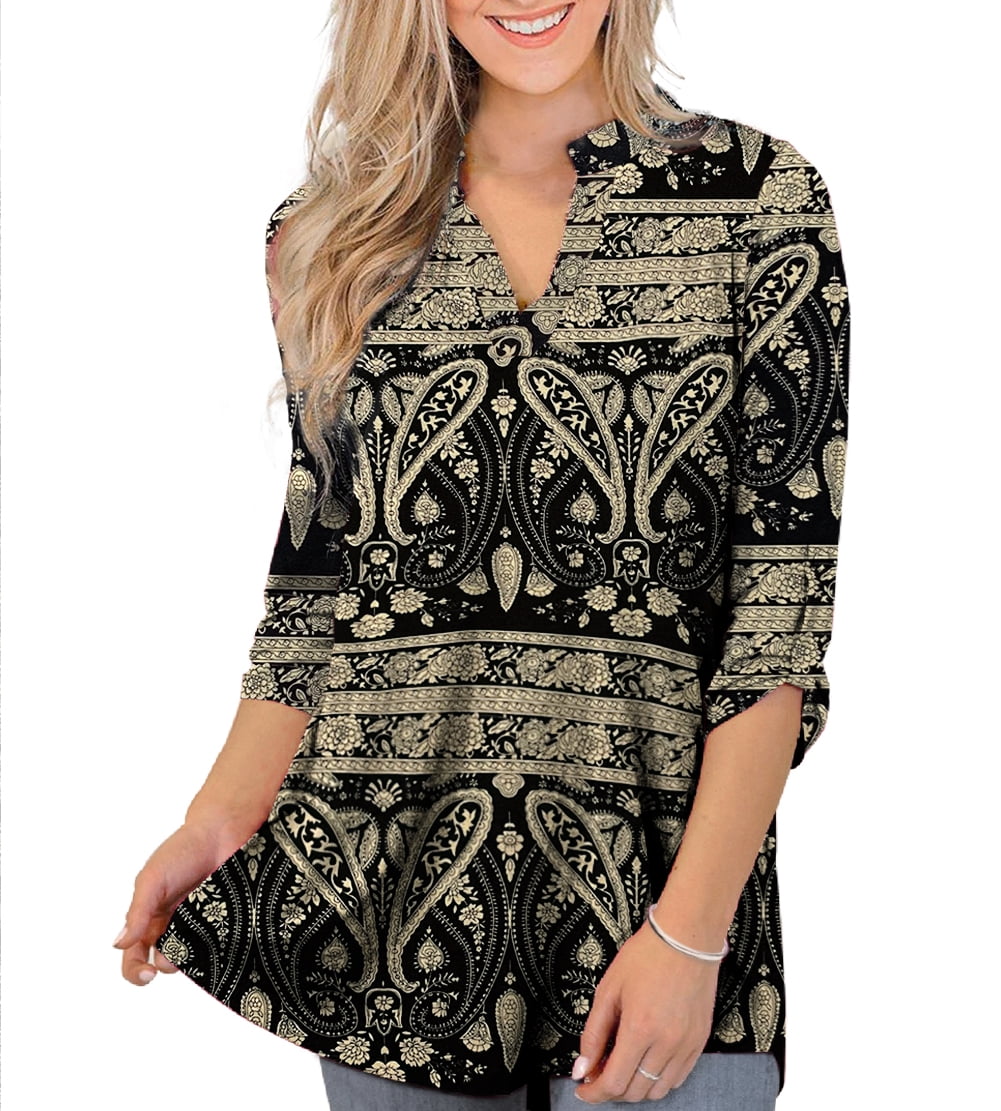CPOKRTWSO Womens Floral Printed Tunic Tops 3/4 Roll Sleeve V Neck ...