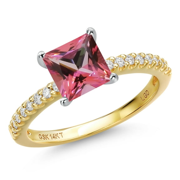 Gem Stone King 14K Two Tone Gold Pink Topaz and Lab Grown Diamond Engagement Ring for Women | 1.46 Cttw | Princess 6MM | Gemstone November Birthstone | Size 8
