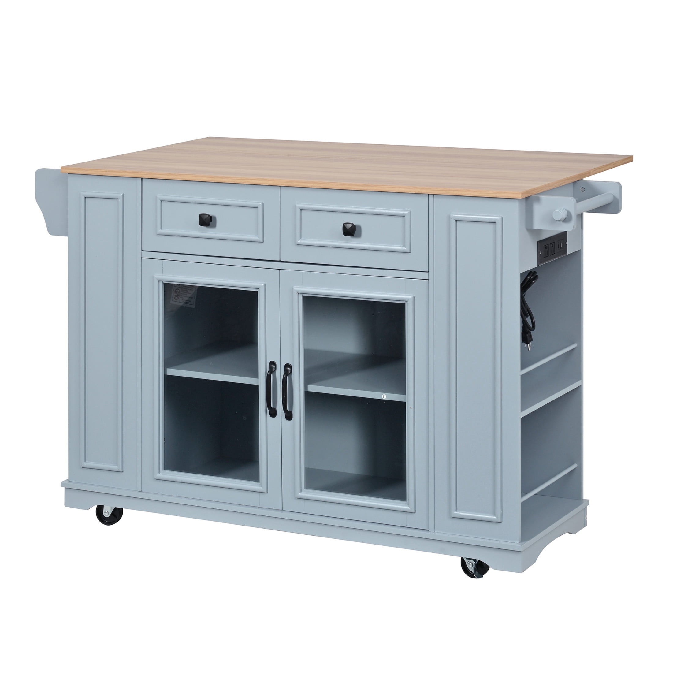 Christopher Knight Home 54.33" Mobile Kitchen Island Cart with Power Outlet and Storage, Blue Gray+Natural
