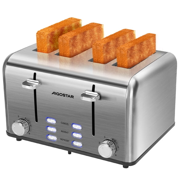Aigostar Tostadora de Acero Inoxidable, 4 Rebanadas, Ranuras Extra Anchas, 6 Niveles de Tostado, Funciones de Cancelación/Descongelación/Recalentamiento/Bagel, Bandeja de Migas Extraíble