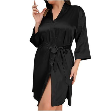 HAPIMO Lingerie Silk Robe Bathrobe Lightweight Cardigan Pajamas for Women Holiday Half Sleeve Waistband Comfy Relaxed Sleepewear Lace Teen Girls Satin Trendy Black XXXXXL