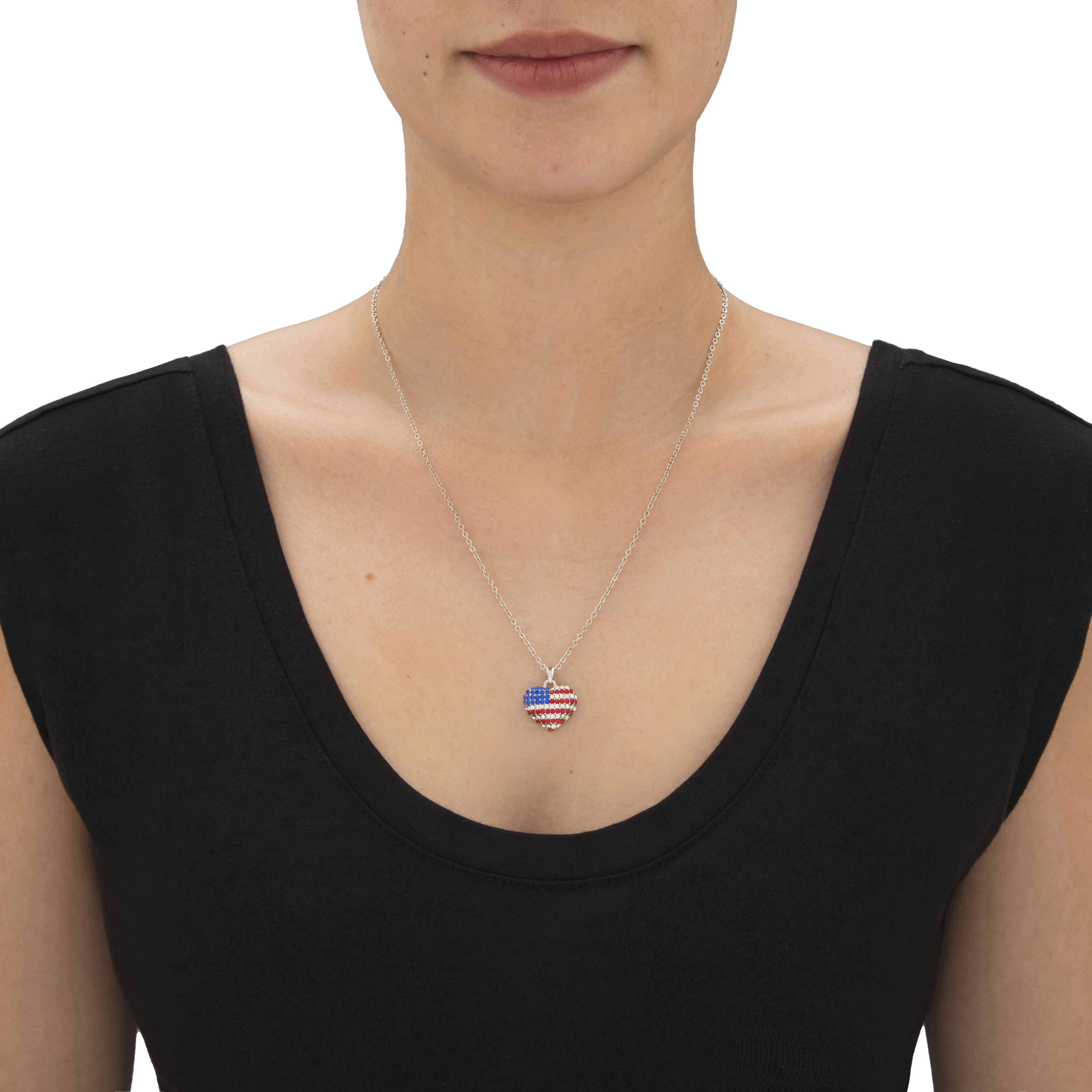 PalmBeach Jewelry Red White and Blue Crystal American Flag Patriotic Pendant Necklace in Silvertone 18"