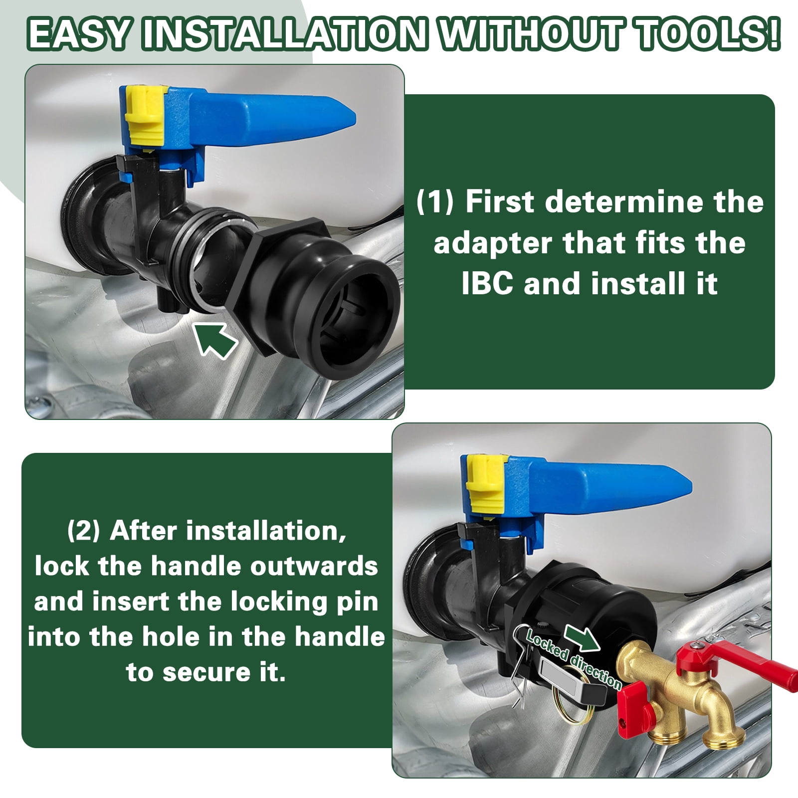 IBC Tote Hose Adapter Camlock Fitting Kit, Brass Dual Outlet Garden Hose Valve, Fits 2.44" Fine 2" NPS S60X6 Threads for Water Tank Irrigation