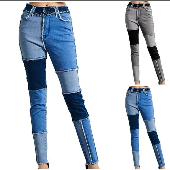Jacenvly New Denim Pants for Women Long Pants Fashion Color Block Comfort Waist Skinny Jeans for Women Mid Waist Soft Easy Care Comfort Waist Pocket Black L