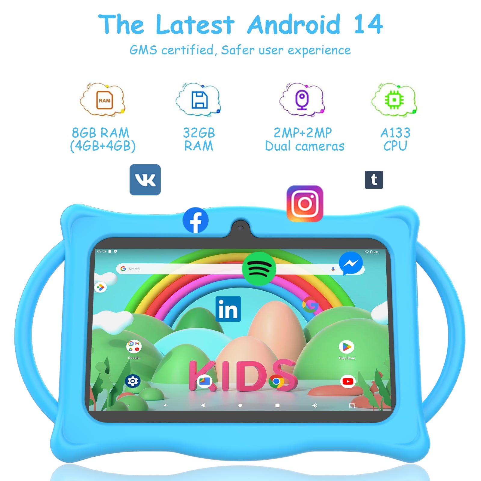 Kids Tablet 7Inches Android 14.0 with Case,RAM 8GB(4+4Expand)+32GB ROM, 1024*600 IPS Screen, Bluetooth 5.0,Front 2.0MP+ Back 2.0MP Dual Cameras,3000mAh Battery,Blue