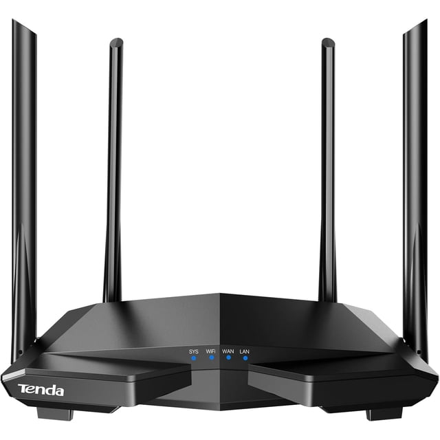 tenda ac10 router gigabit ac1200 doble banda wifi, 5 ghz hasta 867 mbps, 2.4 ghz hasta 300 mbps, tecnología beamforming, mu-mimo comunicación multiple, 4 atenas de 6dbi amplia cobertura wifi.,green Vista frontal, router Tenda AC10 color green con carcasa angular y cuatro antenas externas verticales, indicadores LED azules SYS/WiFi/WAN/LAN en el panel frontal y logotipo Tenda; diseñado para gaming, streaming 4K y a menudo usado como punto de acceso para convertir una conexión cableada en Wi‑Fi.